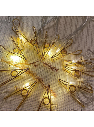 Новогодняя LED гирлянда прищепки золото +переходник, 12 штук